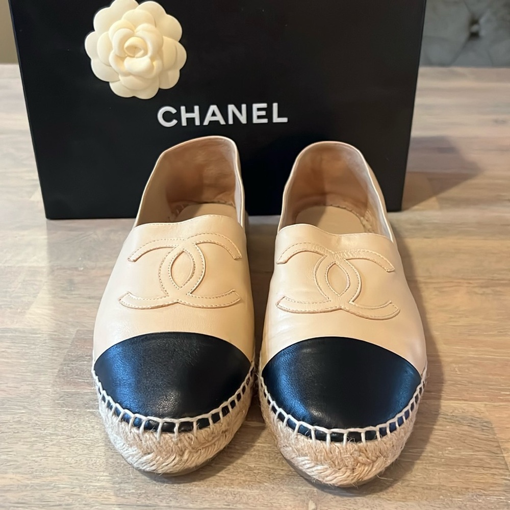 SOLD Chanel Black & Beige Leather Espadrilles WB 39